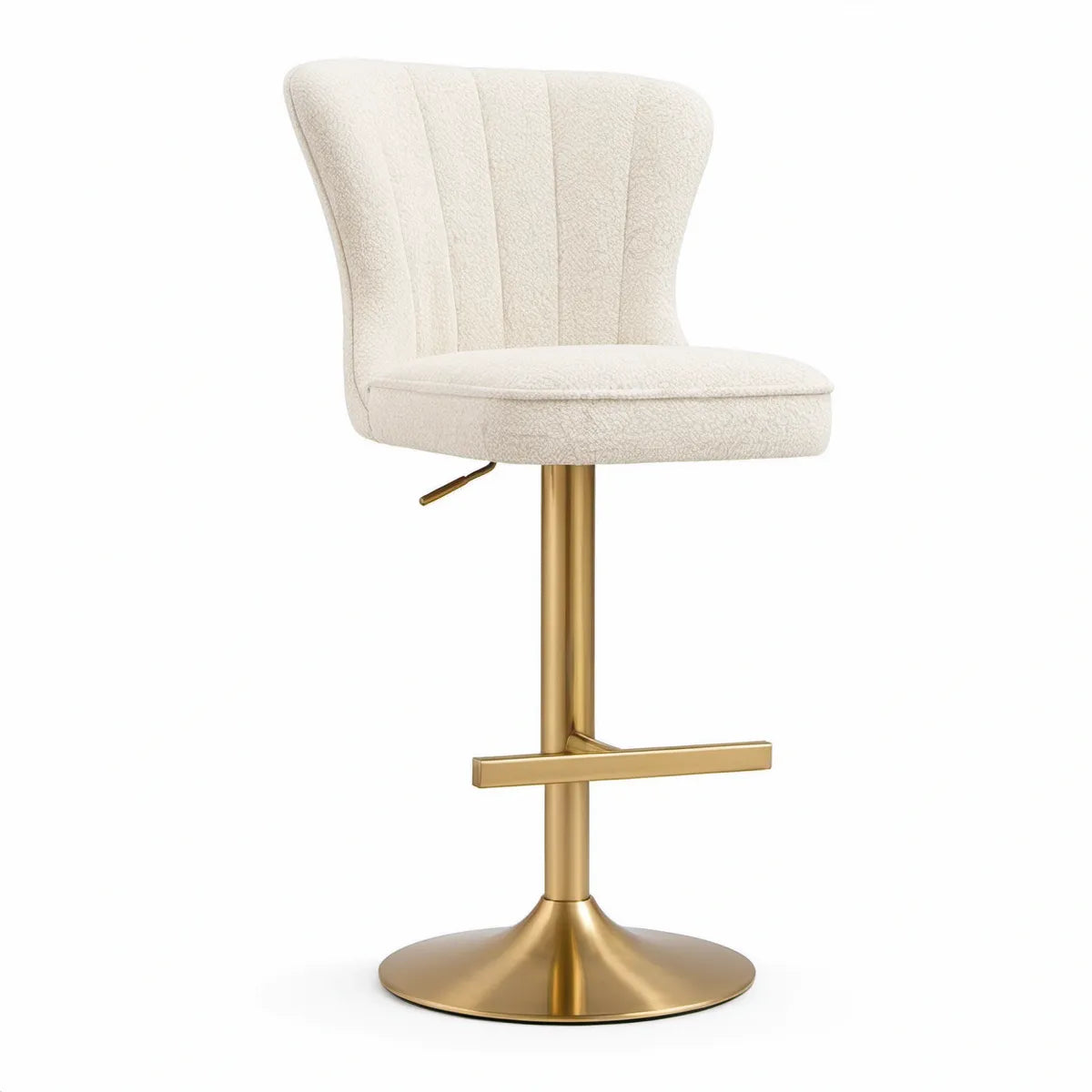 Justerbar barstol med ryglæn, bouclébetræk i creme og guldfarvet stål, 50 x 52 x 95-115 cm