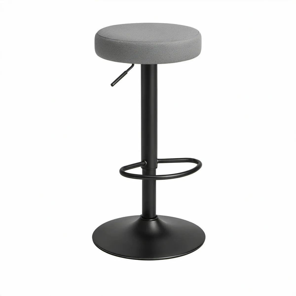 Højdejusterbar barstol med gråt stofsæde og sort stålstel, Ø36 cm, 61-82 cm